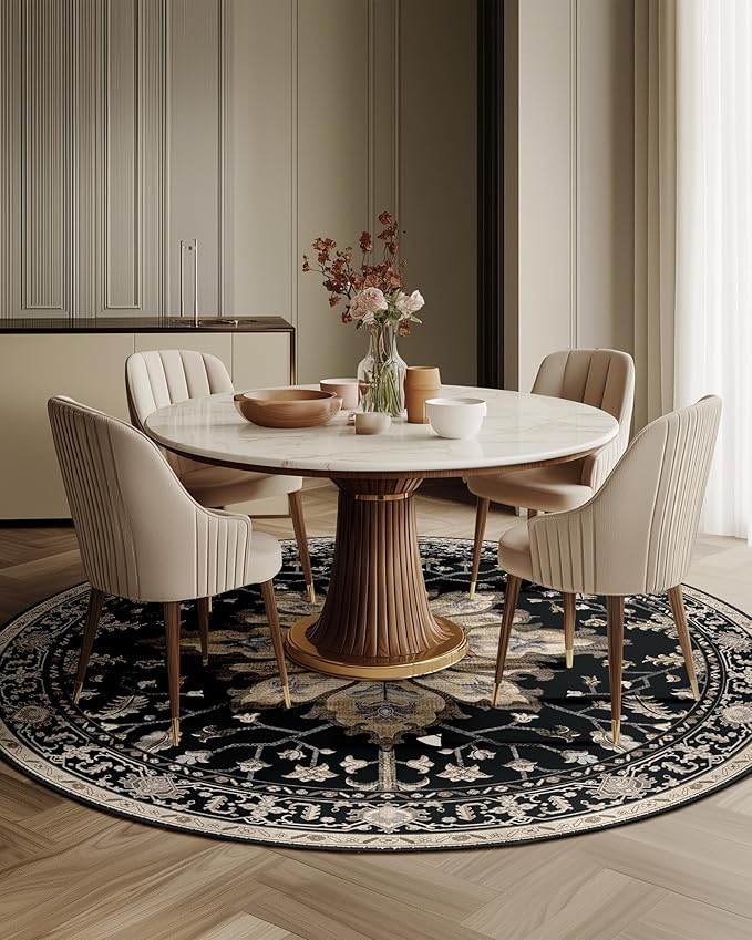 RELEANY Area Rugs 5ft Washable Non-Slip, Floral Vintage Distress Print Pattern Medallion Carpet for Living Room Bedroom Dining Room, Black Brown Neutral Dark Tan