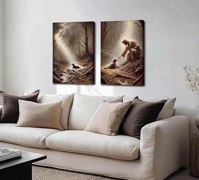 2Pcs Jesus and Lamb Wall Art The Good Shepherd Wall Decor Religious Christian Canvas Painting Jesus Saves the Lost Sheep Poster Prints for Church Bedroom Living Room Home Decoration 12"x16"