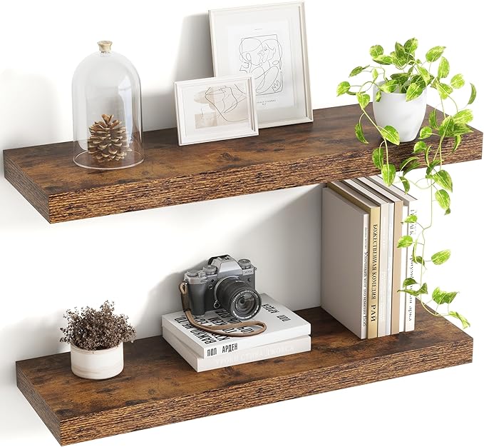 24 Inch Floating Shelves, 8 Inch Deep Floating Shelves for Wall, Hanging Shelf with Invisible Brackets, Deep Shelves for Bathroom, Bedroom, Living Room, Brown, Set of 2