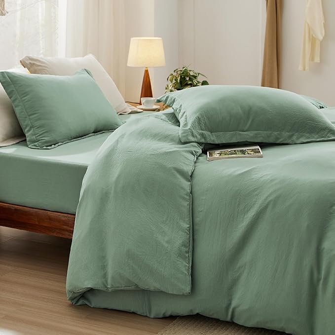 Bedsure Duvet Cover Full Size with Fitted Sheet - 4 Pieces Prewashed Cotton-Like Extra Soft Bedding Set, Includes 1 Duvet Cover 80x90 Inches, 2 Pillow Shams, 1 Fitted Sheet, Sage Green