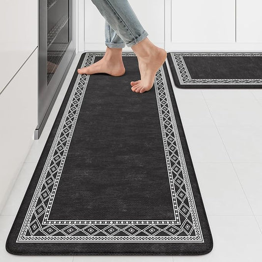 KIMODE Anti Fatigue Kitchen Mats 17"x47"+17"x29", Farmhouse Kitchen Rugs Sets of 2, Cushioned Non Skid Kitchen Mats for Floor, Comfort Kitchen Floor Mats for Sink Laundry Desk Black