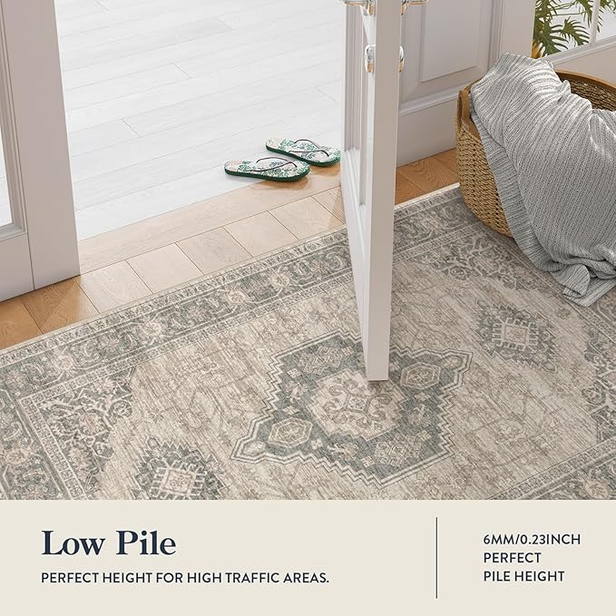 Lahome Oriental Kitchen Runner Rug Non Slip, 2x5 Washable Hallway Runner with Rubber Backing, Vintage Hallway Rug Ultra-Thin Soft Carpet for Bedroom Bathroom, Grey/Brown
