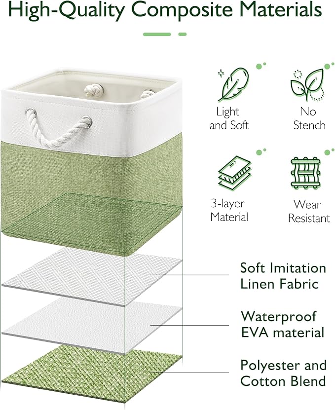 11 Inch Storage Cubes 4-Pack, Foldable Fabric Organizer Bins with Rope Handles, Cube Storage Baskets for Closet Shelves and Home Organization(White/Green)