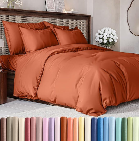 Duvet Cover King Size Set - Extra Soft King Size Duvet Cover 104 x 90 with 2 Pillow Shams - Hotel Luxury Easy Care and Fade Free w/Zipper Closures & Ties - Comfy Breathable Bedding Set (Terracotta)