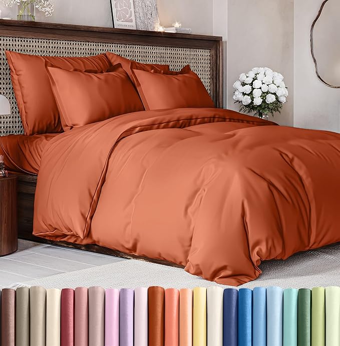 Duvet Cover Full Size Set - Extra Soft Full Size Duvet Cover 80 x 90 with 2 Pillow Shams - Hotel Luxury Easy Care and Fade Free w/Zipper Closures & Ties - Comfy Breathable Bedding Set (Terracotta)