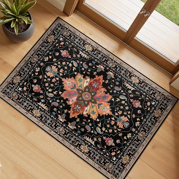 RELEANY Area Rugs 2'x3' Washable Non-Slip, Floral Vintage Distress Print Pattern Medallion Carpet for Living Room Bedroom Dining Room, Black Colorful Floral Dark Tan