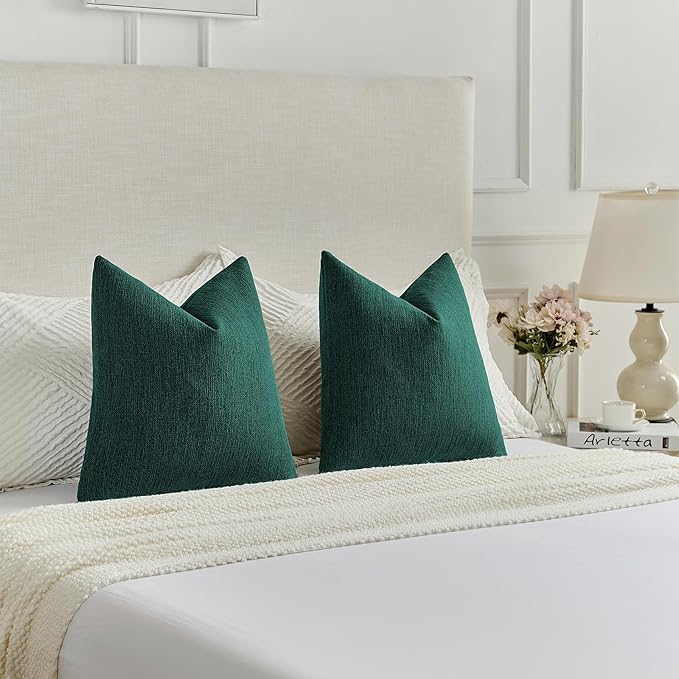 FUTEI Teal Chenille Decorative Throw Pillow Covers 18x18 Inch Set of 2,Soft Cozy Faux Linen Textured Cushion Case,Farmhouse Home Decor for Couch Living Room