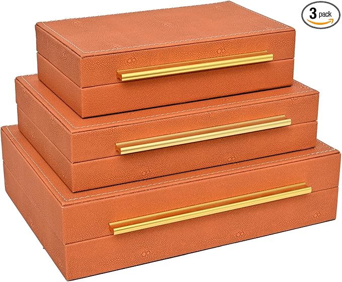 Faux Shagreen Decorative Storage Boxes – Set of 3 Stackable Jewelry Organizers with Gold Metal Handles & Velvet Lining, Modern Burn Orange Box for Vanity, Entryway & Coffee Table Décor