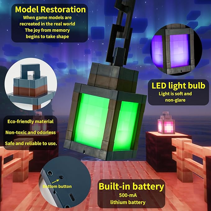 Pixel Lantern Night Light - 16 Colors Changing Hanging Lamp - USB Rechargeable LED Lights with Touch & Remote Control - Table & Wall Mount Mood Nightlight - Decor for Bedroom Gamer Room - Gift for Boy