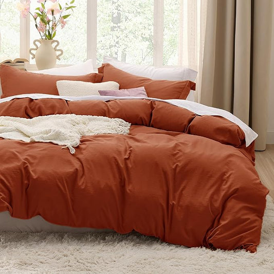 Bedsure Terracotta Duvet Cover Queen Size - 3 Pieces Prewashed Cotton-Like Extra Soft Bedding Set, Includes 1 Duvet Cover 90x90 Inches with Zipper Closure & 2 Pillow Shams, Comforter Not Included
