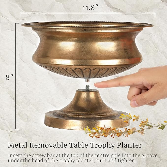 WORTH Gold Color Urn Vase Set of 2 for Centerpieces, 8" H. x 11.8" Dia. Classic Metal Trumpet Small Flower Pot for Table, Bowl Vase for Wedding Party Event Home Decor