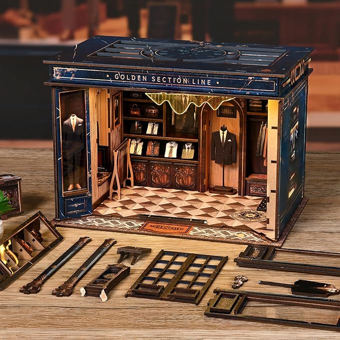 DIY Book Nook Kit - DIY Miniature Dollhouse Kit 3D Wooden Puzzles Gentleman's Clothing Store, Tiny House Bookshelf Decor with LED, Gift for Adults Teens - Golden Section Line