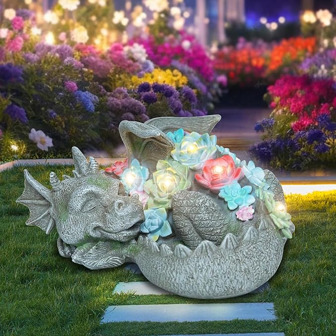 Garden Dragon Statue Outdoor Decor, Coiled Sleeping Dragon Figurine with Solar Light Succulent, Waterproof Resin Garden Sculpture for Outside Lawn Patio Yard Ornament Gifts