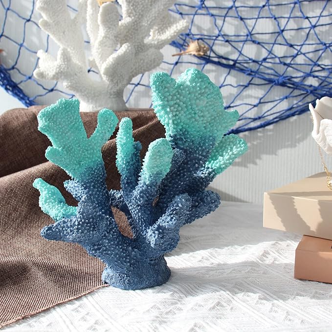 Blue Resin Coral Decorations Artificial Coral Statue Home Décor Accents Hawaiian Beach Decorations for Home Nautical Decorations Beach Themed Home Living Room Party Decor -8.2"