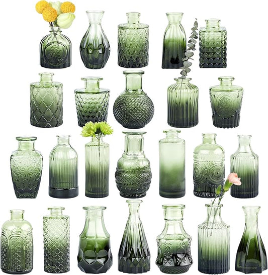 Glass Bud Vase Set of 24, Small Green Flower Vases for Centerpieces in Bulk, Mini Vintage Vase for Wedding Decor, and Home Table Décor