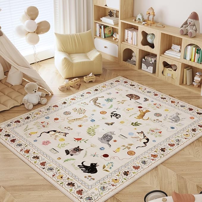 Rugcomf Bedroom Rug 3x5 Rug Washable Area Rug Non Slip Low Pile Boho Floral Animal Cat Small Carpet for Bedroom Bedside Kitchen Entryway Kids Room Office College Dorm Essentials for Girls, Beige