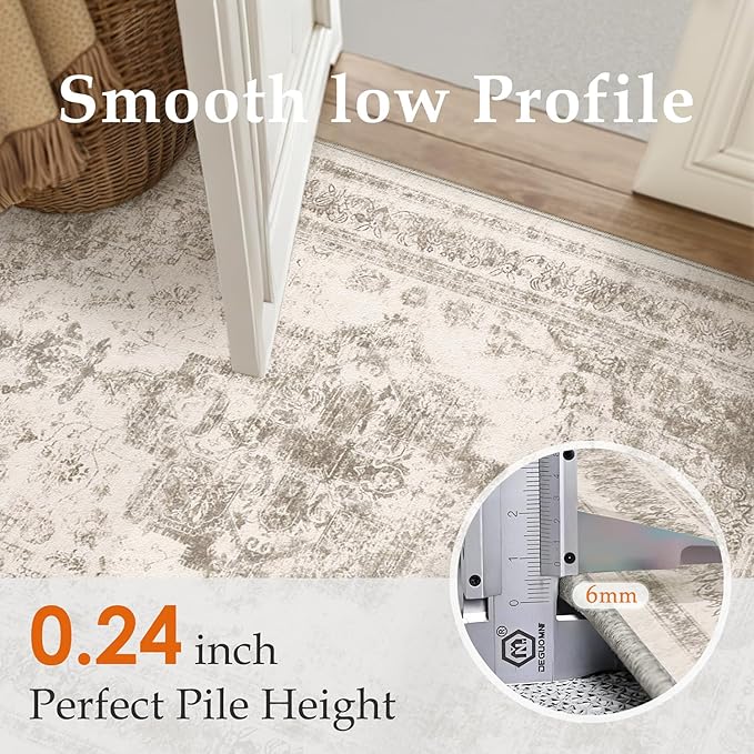 PureCozy Area Rug 5x7 Beige Washable Living Room Carpet Non Slip Vintage Medallion Low Pile Soft Indoor Bedroom Retro Distressed Indoor Rug for Kitchen Home Office Laundry Dining Room
