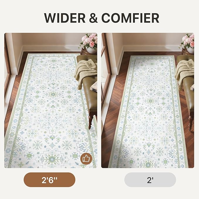 GENIMO 2'6''x6 Runner Rug,Machine Washable Non-Slip Vintage Rugs,Low Pile Lightweight Carpet for Bedroom,Hallway,Entryway,Kitchen,Bathroom,Creamgreen