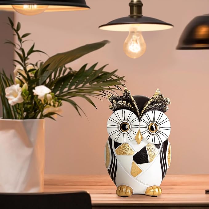 Owl Statue Home Decor Accents, Owl Figurines for Bookshelf Bedroom Living Office Table Indoor, Big Eyes Owls Decoration Animal Sculpture, Modern Resin Bird Figurine Gift for Women
