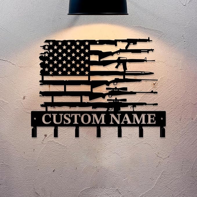 Personalized Custom Name Gun Wall Hooks,Metal Gun Room Art Clothes Hooks,Metal Gun Wall Home Storage Decorative,For Front Door, Hallway, Kitchen, Bedroom,Keys,Hats (Style F)