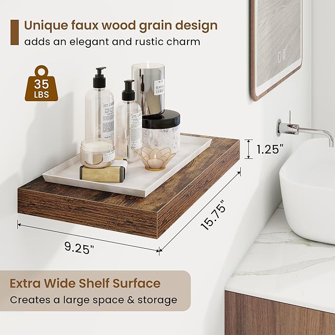Marsmiles 16in Floating Shelves for Wall, 16" W x 9.25" D x 1.25" H, 2 Pack Long Wall Mounted Engineered Wood Shelves with Invisible Brackets, Rustic Brown