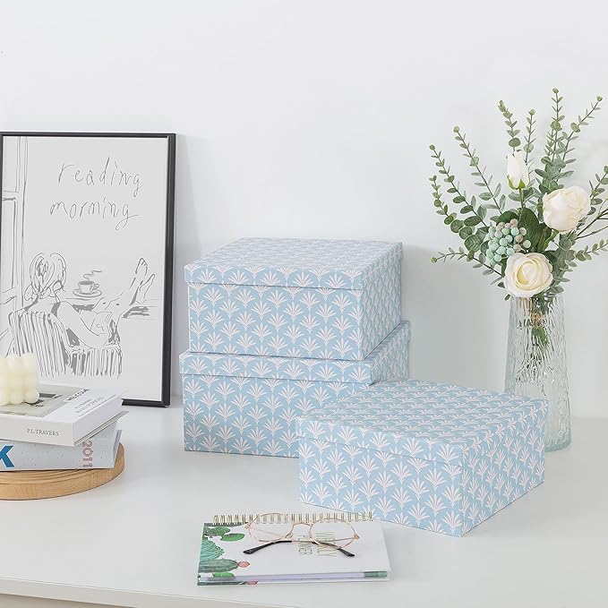 Soul & Lane Set of 3 Decorative Boxes with Lids, Square 11" x 11" Nesting Cardboard Storage for Home Décor in Blue, Keepsake and Memory Boxes for Organizing, Deco Sky