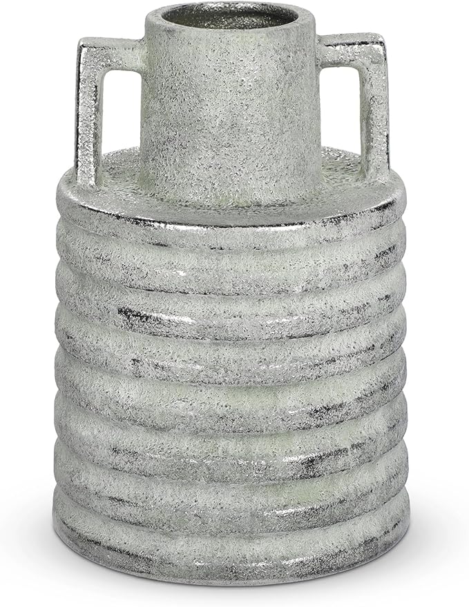 Hollyone Large Vintage Ceramic Vase with 2 Handles, 9.1" Tall Silver-Toned Antique Rustic Decorative Floral Grey Vases for Flowers Home Table Centerpiece Shelf Living Room Entryway Farmhouse Decor