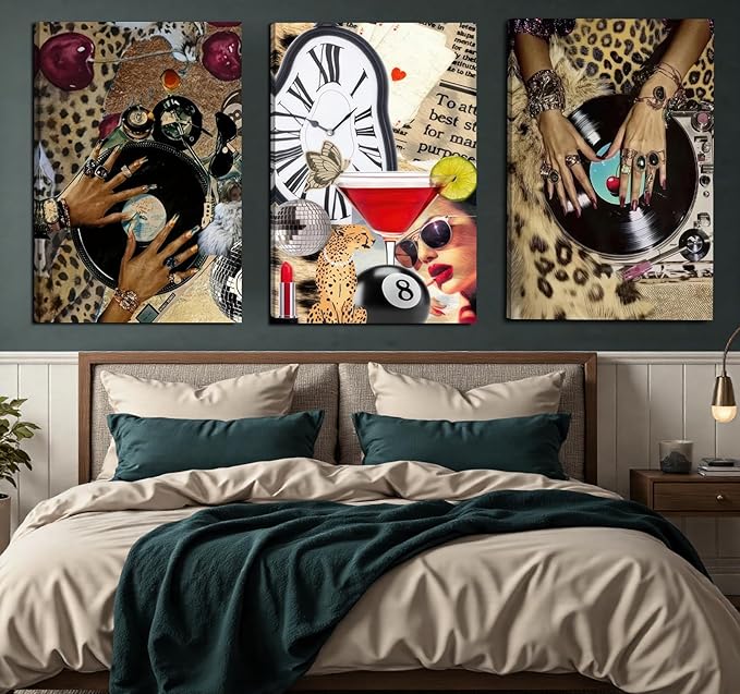 3 Pcs Leopard Wall Art , Black Woman Cheetah Print Room Posters Print Lucky 8 Ball Art, Funky Women's Aesthetic Room Pictures Girls Dorm Canvas Wall Art Decor for Dorm, Apartments, Bathroom, Bedroom 16*24 in