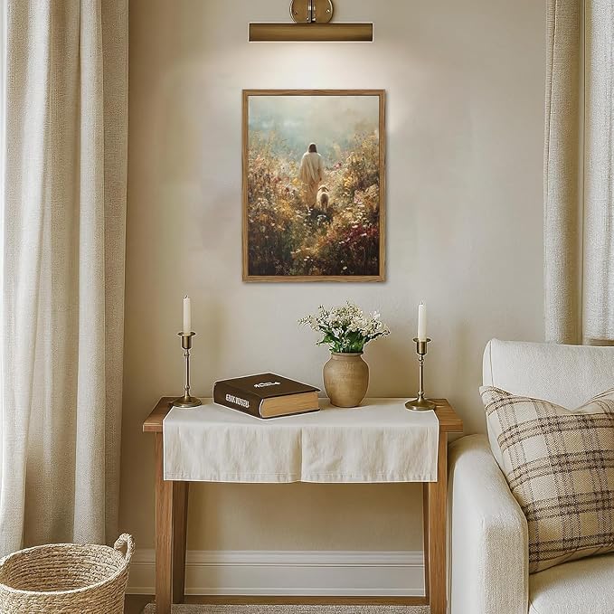Jesus Leaves the 99 Sheep Wall Art, Jesus and Lamb Canvas Pictures, Lost Lamb Wall Decor Paintings Christian Bible Posters Prints Artwork for Living Room Prayer Room Bedroom 12x16 Inch Wood Framed