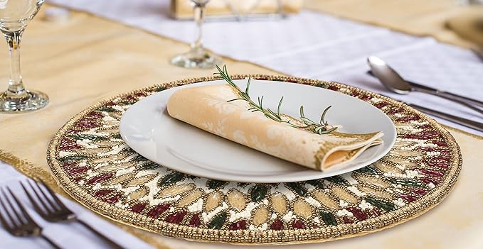 Beaded Charger 13" Round Floral Marigold – Gold, Red, Green, Placemats for Dining Table, Beaded Charger, Holiday & Christmas Décor