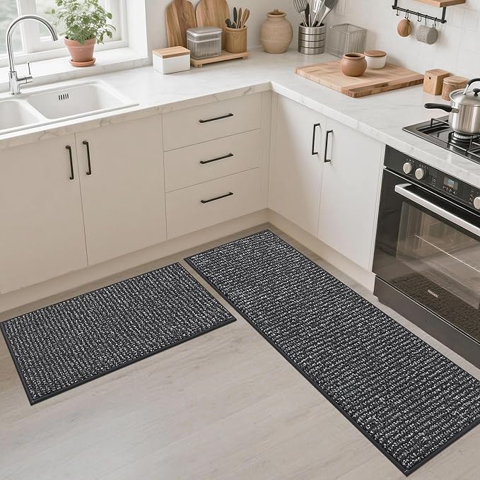 JSEI Kitchen Runner Rugs, 17''x60'' Non-Slip Kitchen Mats for Floor, Machine Washable Absorbent and Stain Resistant Kitchen Rug, Carpet Mats with TPR Backing for Kitchen, Charcoal
