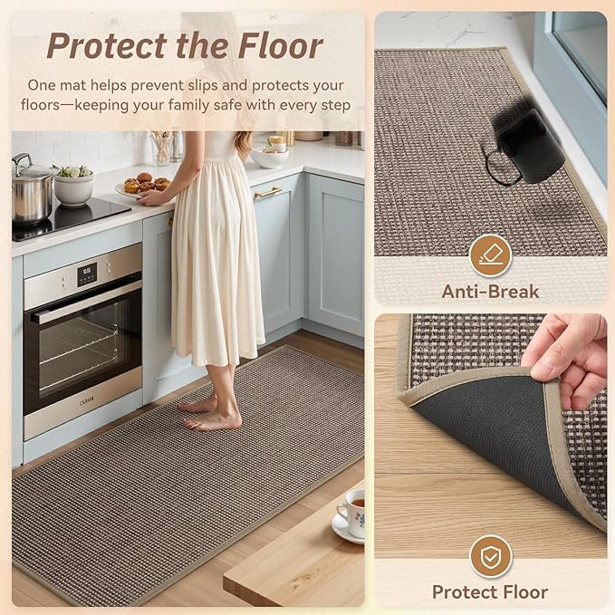 PADOOR Kitchen Rug Sets Non Slip, Washable Kitchen-Mats for Floor Absorbent Runner Rug for Kitchen, Kitchen Floor Mat for Hallway Laundry 17"x30"+17"x47" Brown
