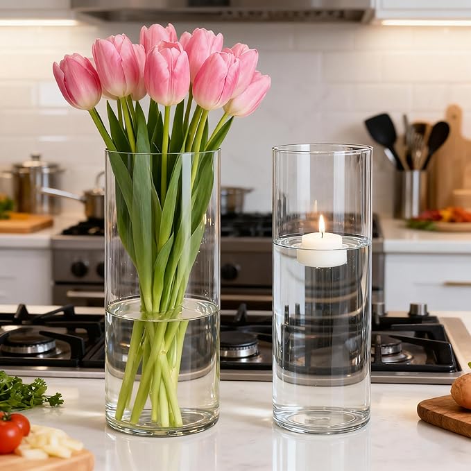 2 Pack Acrylic Cylinder Vases, Non-breakable Vase for Centerpieces, 8 inch Tall Clear Flower Vase Bulk Floating Candle Holder for Wedding Table Home Decor and Party