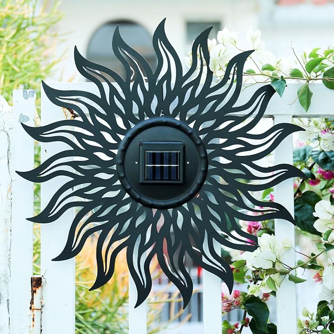 VCUTEKA 20" Sun Metal Wall Art Outdoor Decor Solar Decoration Metal Wall Sculpture Hanging Garden for Indoor Outdoor Patio Fence Decoration Black