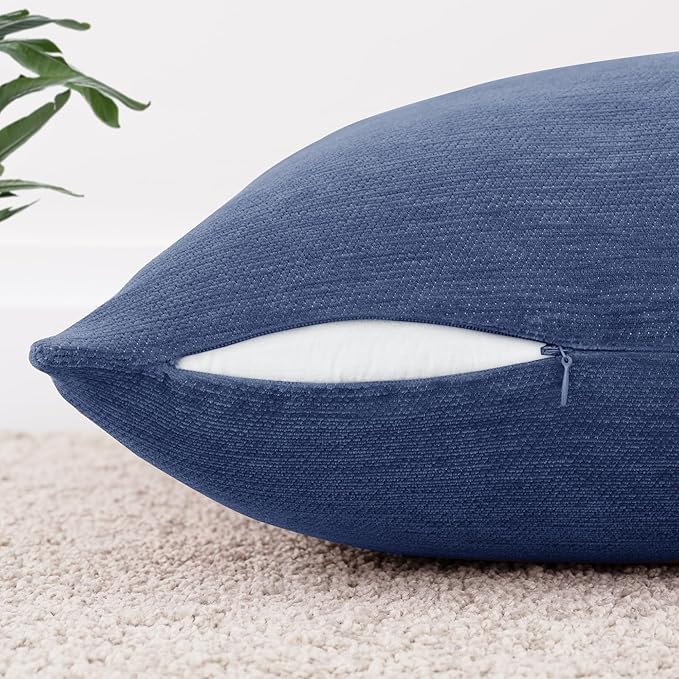 Set of 4 Navy Blue Throw Pillow Covers 12x20 Inch, Neutral Boho Farmhouse Aesthetic Decorative Pillow Cases for Couch, Sofa, Living Room & Bed, Chenille Pillow Cases, Stylish Home Decor, 30x50 cm