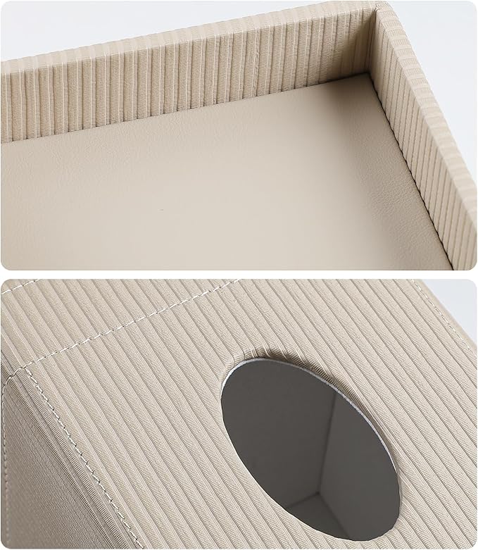 Square Tissue Box Cover with Tray, PU Leather Tissue Box Holder Decorative Cube Tissue Holder for Bathroom Bedroom Office (Beige)