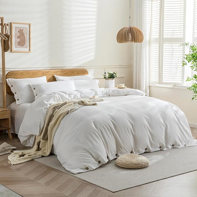 JELLYMONI Cotton Duvet Cover King Size - Bright White Comforter Cover with Button 100% Washed Cotton 3PCS Breathable Soft Solid Bedding Set Duvet Cover 104×90in & 2 Pillowcases (NO Comforter)