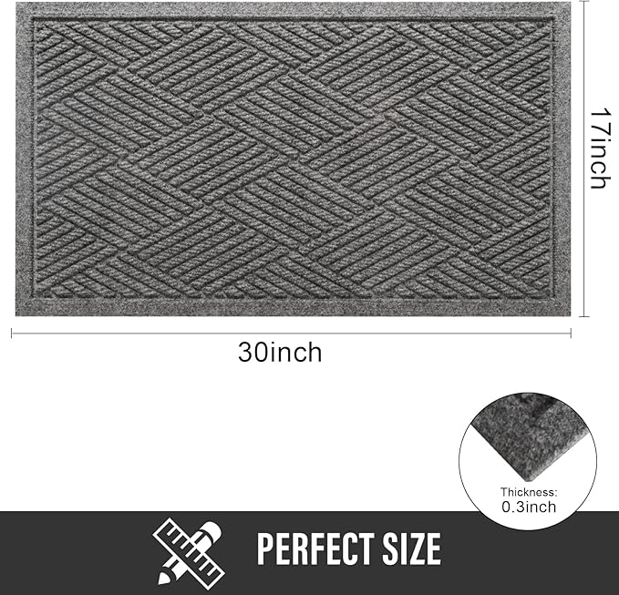 HIYARD Sturdy Front Door Mat, Absorbent Muddy Dirt Resist Welcome Door Mats Outdoor Indoor, Stain and Fade Resistant, Non-Slip Rubber Backing Low Profile Doormat for Entryway, 30×17, Grey