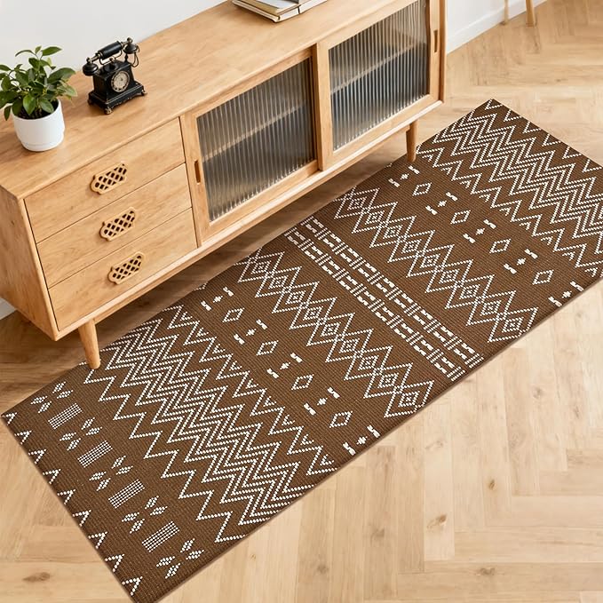 winolive Boho Runner Rug for Kitchen 2x6 ft Washable Braided Rug,Non Slip Rubber Backed Faux Jute Rug,Cotton Entryway Runner Rugs Floor Carpet for Indoor Backdoor Bedroom,Brown/White