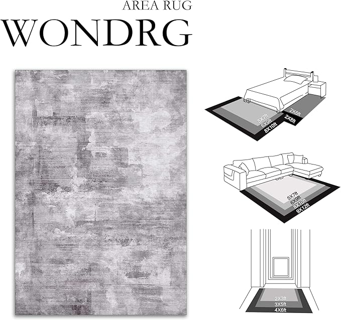 WondRg 5x7 Washable Area Rug Grey Abstract Modern Living Room Bedroom Throw Rug Non Slip Soft Thin Simple Indoor Floor Carpet for Office Entryway Kitchen Nursery Home Decor