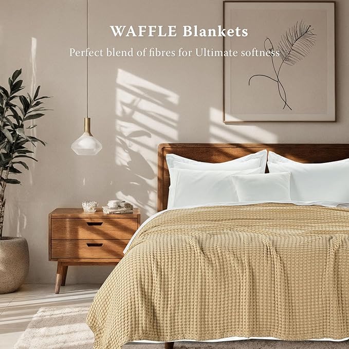 Threadmill Cooling Cotton Waffle Queen Size Blanket | Breathable, Lightweight & Ultra-Soft | Made from Rayon Derived from Bamboo | Cooling Throw Blanket for Couch and Sofa | 90 x 92 Inches | Beige