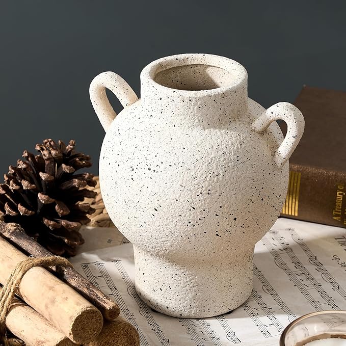 LUKA Antique Ceramic Vase with 2 Handle,7.28 inches Rustic Vase Minimalist Decor, Decorative Vases for Home Decor, Table, Living Room, Shelf, Christmas Decoration(Medium,White)