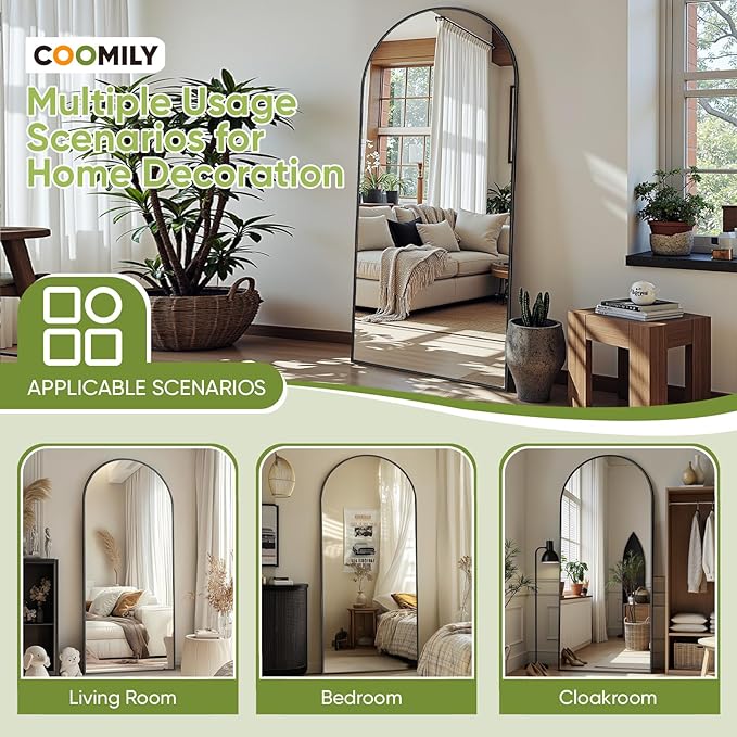Full-Length Floor Mirror with Stand, 58"x19" Arched Style Full Body Standing Mirror for Bedroom, Living Room, Gym, Dorm - Shatter-Resistant & Easy Assembly, Black