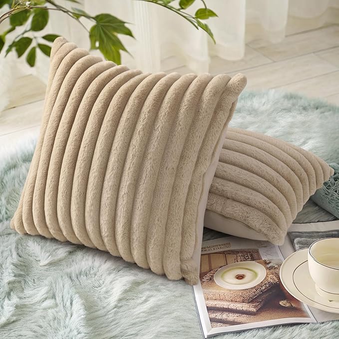 decorUhome Faux Fur Spring Throw Pillow Covers 24x24 Set of 2, Decorative Soft Plush Striped Neutral Couch Euro Sham Pillow Covers with Velvet Back for Sofa, Bed, Living Room Home, Khaki Brown