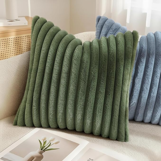 decorUhome Faux Fur Throw Pillow Covers 18x18 Set of 2, Decorative Soft Plush Striped Neutral Couch Euro Pillow Covers with Velvet Back for Sofa, Bed, Living Room Home Decor, Olive Green
