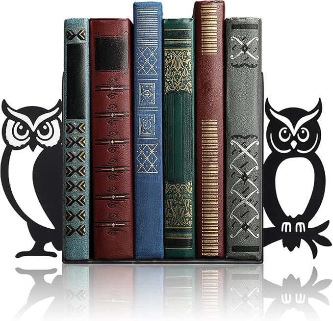 Geelin Owl Bookends for Shelves Decorative Metal Book Ends Set of 2 Styles Vintage Style Black Owl Design Heavy Duty Non-Slip Book Holders for Home Library Office Decor Gift for Reading Lovers