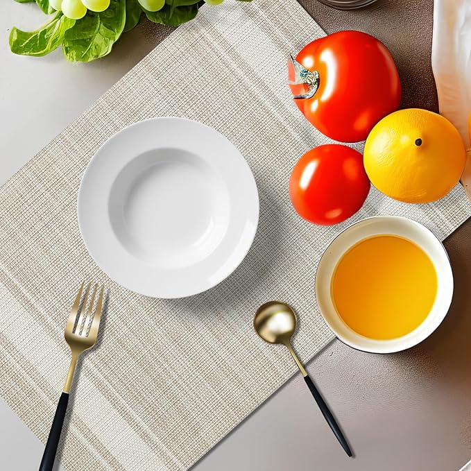 Placemats Set of 4 Vinyl Washable Linen ColorPlacemats, 18"x12" Wipeable Heat-Resistant Non-Slip Easy Clean Table Mats Ideal for Dining Table Table Runner and Outdoor(4, Linen Wide Stripe)