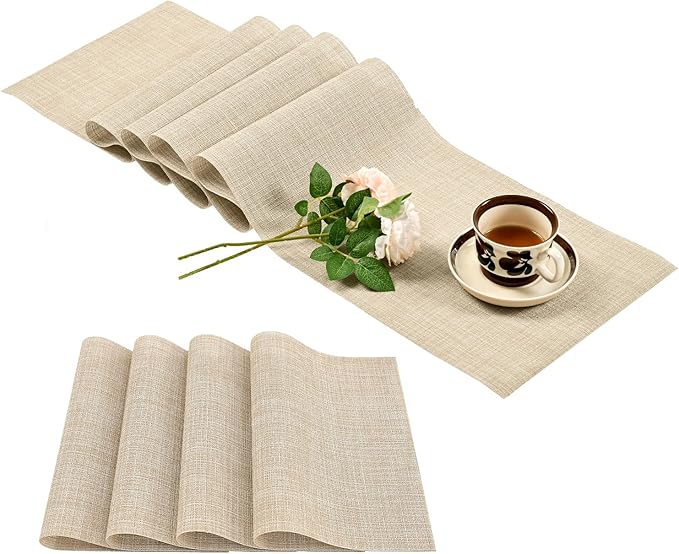 Leetaltree Beige Table Runner and Placemats Set of 5, Heat Resistant Non-Slip Place mats for Dining Table, Washable Durable PVC Vinyl Woven Table Runner Set