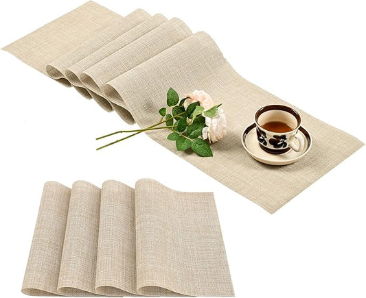 Leetaltree Beige Table Runner and Placemats Set of 5, Heat Resistant Non-Slip Place mats for Dining Table, Washable Durable PVC Vinyl Woven Table Runner Set