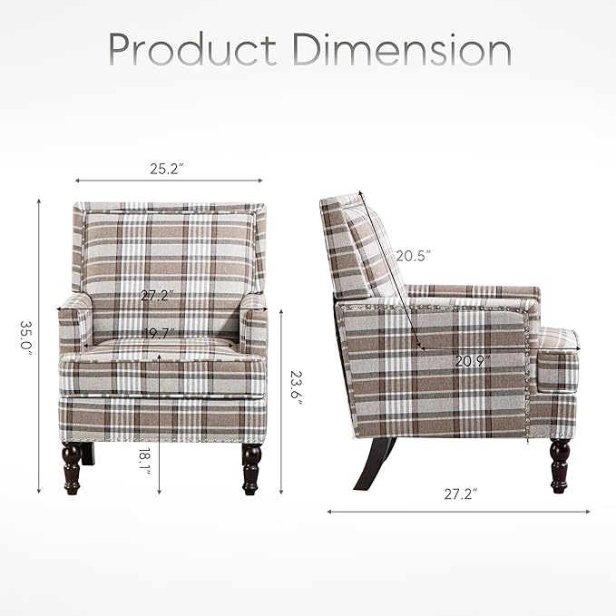 Yogald Vintage Plaid Accent Armchair, Comfy Upholstered Reading Chair with Nail-Head Trim, Farmhouse Sofa Chair, Coastal Single Corner Chair for Living Room Bedroom Guest Room (Coffee Linen)
